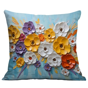Detailed close-up of 3D oil painting flower pattern on square decorative pillowcase