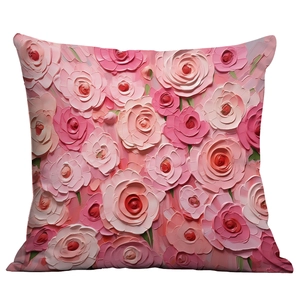 3D oil painting style square throw pillow cover featuring layered pink floral roses