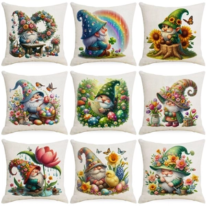 Spring Flower Gnome Linen Throw Pillow Cover Decorative Square Cushion Case For Sofa Home Living Room Easter Decor