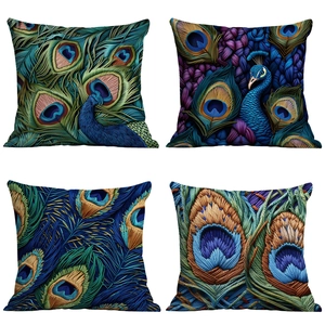 Artistic Peacock Feather Print Square Cushion Cover Short Plush Decorative Pillowcase For Sofa Living Room Home Decor