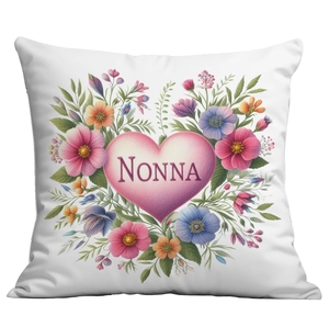 White square cushion cover with floral heart wreath and Nonna print for Mother's Day