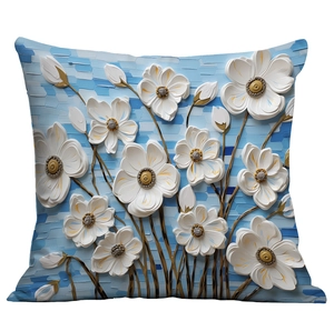 Detail of 3D floral oil painting pillowcase with white flowers and blue artistic texture