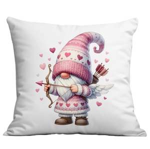 Close-up of Valentine's gnome cupid print on a white square cushion cover with red hearts