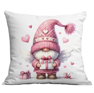 Close-up of white cushion cover featuring cute pink gnome with wings and hearts