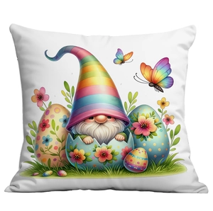 White Easter pillow case featuring cute gnome hatching from floral egg with butterflies