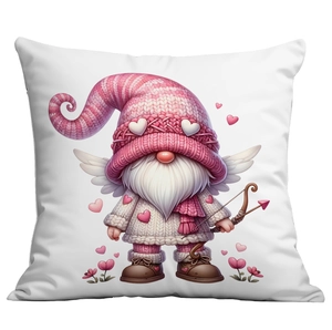 Detail of Valentine gnome cushion cover featuring a pink hat and white heart wings