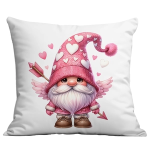 Detail of Valentine's Cupid gnome print on square white pillowcase with pink accents