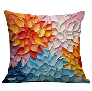 Square cushion cover with colorful 3D oil painting floral pattern and textured artsy finish