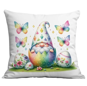Close-up of Easter pillow case with cute gnome in colorful egg and painted butterflies