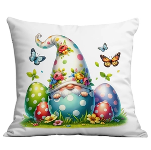 Easter gnome pillow cover with colorful eggs and floral patterns on white canvas background