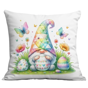 Close-up of Easter gnome pillow cover with bunny ears and colorful egg embroidery