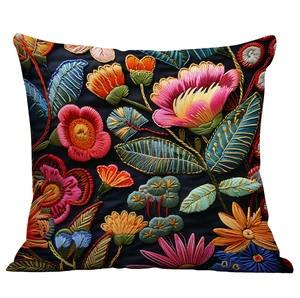 Ethno-Kissenbezug im Boho-Stil mit dichter 3D-Blumenstickerei auf dunkelblauem Stoff