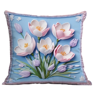 Blue decorative square pillow case with 3D floral pattern and green leaves