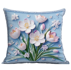 Square pillowcase featuring 3D floral pattern on light blue fabric with textured edges