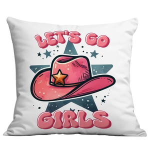 Detail of Let's Go Girls pink cowboy hat printed on linen texture cushion cover