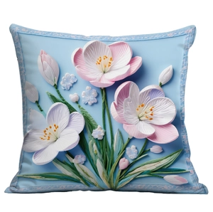 Blue pillow cover with 3D floral design and pink blossoms for elegant home sofa decor