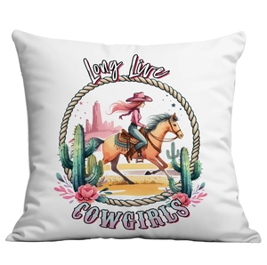 Detail of western cowgirl theme throw pillow cover with Long Live Cowgirls print