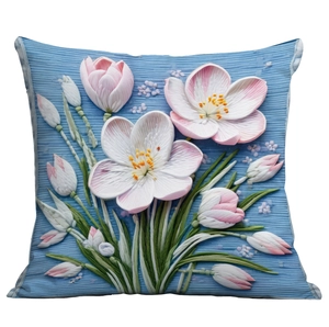 Close-up of square blue pillowcase with 3D embossed floral patterns and striped texture