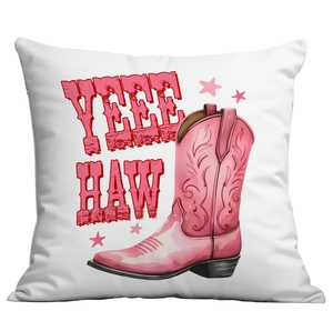 Pink western cowboy boot pillow cover with Yee Haw text on white background