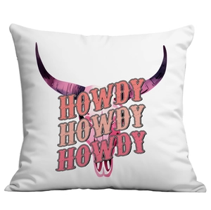 Detail of pink Western cowboy cushion cover with bull skull and Howdy text print