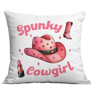 Pink Spunky Cowgirl throw pillow cover with Western hat and boot art on white square case