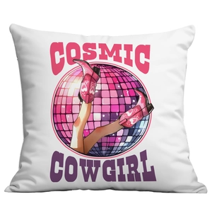 Detail of pink cowgirl pillow cover with cosmic disco ball and cowboy boots art