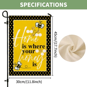 Garden flag detail showing textured burlap fabric and honeybee theme with dimensions
