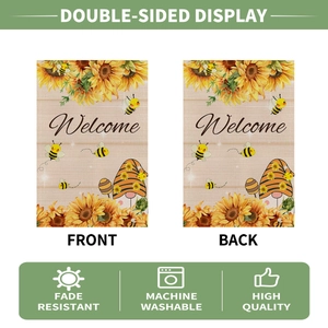 Detail of double-sided sunflower garden flag featuring welcome gnome and durable fabric