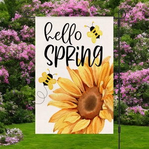 Detailed texture of burlap garden flag with sunflower, bees, and Hello Spring text