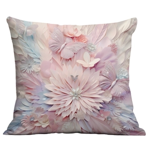 Detail of 3D floral and butterfly print on a macaron-colored square pillowcase