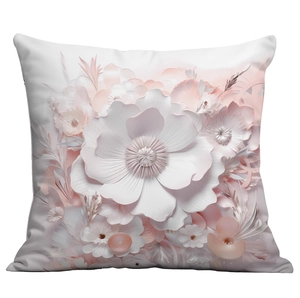 Detailed close-up of 3D floral pattern on pink and white square cushion cover decoration