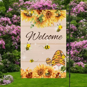 Garden welcome flag featuring sunflowers and a cute gnome on a rustic wood background