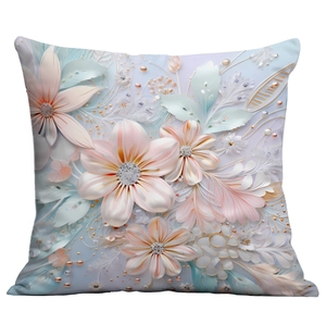 Detail of 3D floral cushion cover with elegant pearls and soft pastel flower petals