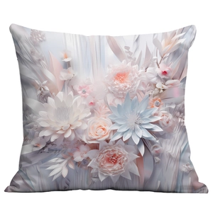 Detail of 3D embossed floral patterns on decorative cushion cover with soft pastel tones