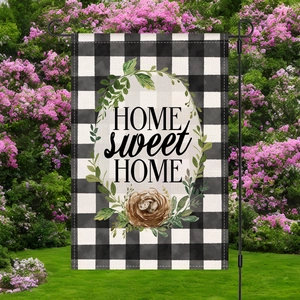 Weather-resistant linen garden flag with buffalo plaid and Home Sweet Home design