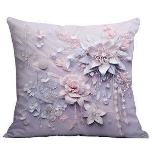 Detail of 3D embossed floral pillowcase with lavender petals, pearls and silk ribbons