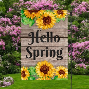 Hello Spring garden flag featuring sunflowers and wood texture for outdoor yard decor