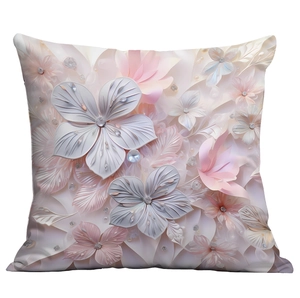 Close-up of 3D floral cushion cover with elegant rhinestone details and soft pink petals