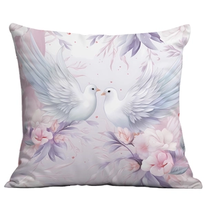 Vintage floral cushion cover with two white doves and pink flowers on a white background
