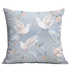 Vintage floral bird throw pillow cover with white doves and butterfly on white background