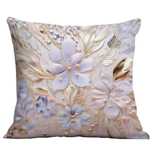 Floral bird pillowcase with lavender and gold 3D effect flowers and feathers for sofa decor