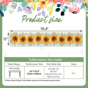 Size guide for floral sunflower table runner 13x71 inch showing fits 4-6 person table
