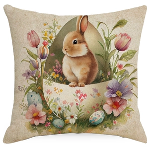Detail of Easter bunny linen pillowcase showing watercolor rabbit, tulips, and eggs