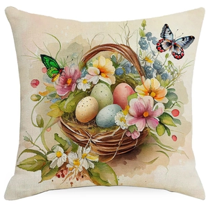 Macro shot of Easter pillowcase with watercolor flower basket and colorful eggs print