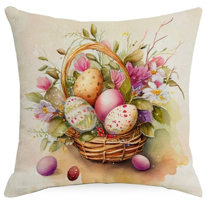 Detail of Easter cushion cover with watercolor flower basket and eggs on linen fabric