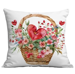 White square pillowcase with watercolor flower basket and red hearts for home decor