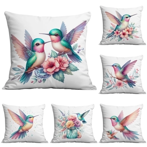 Hummingbird Floral Print Throw Pillow Case Soft Short Plush Square Cushion Cover For Sofa Living Room Home Decor