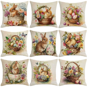 Easter Bunny Egg Watercolor Linen Throw Pillow Cover Decorative Square Cushion Case For Sofa Living Room Home Holiday Decor
