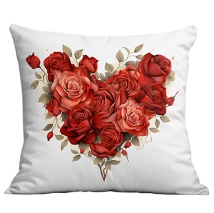 Square white decorative pillowcase featuring a romantic red rose heart-shaped pattern