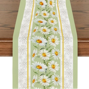Spring floral table runner with white daisies on green background for home dining decor